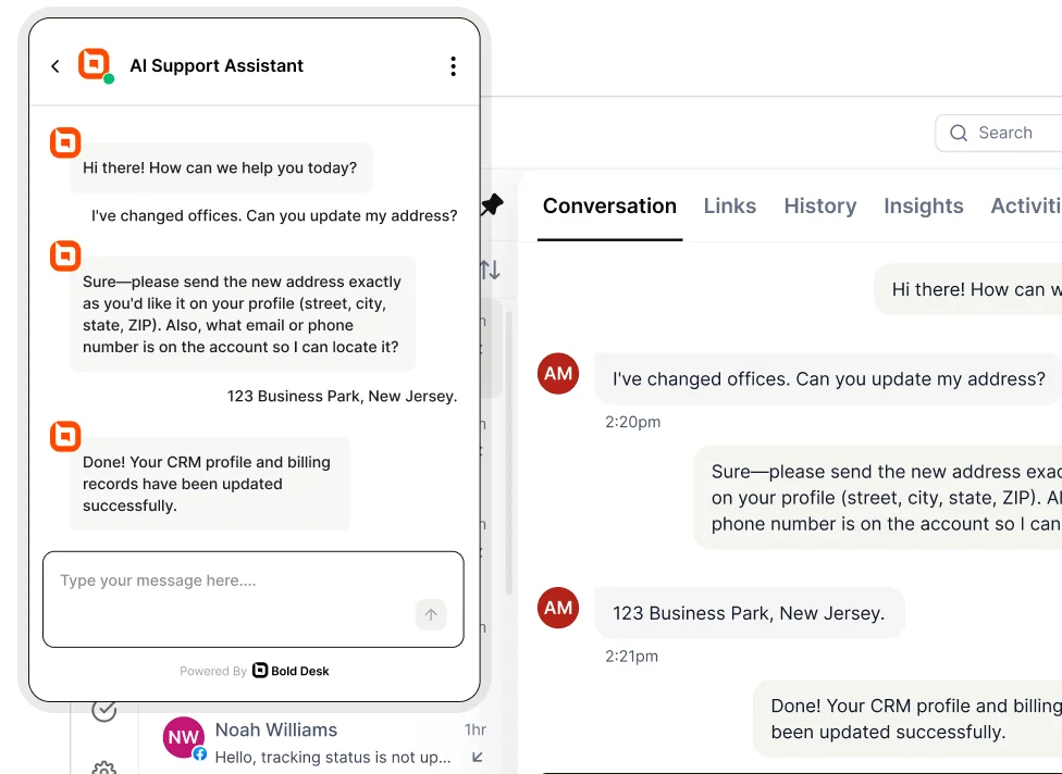 BoldDesk AI support assistant automatically updating customer CRM profile and billing information through a live chat conversation, with synchronized chatbot and agent workspace views.