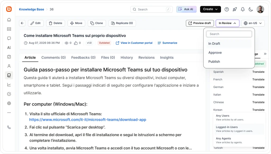 Knowledge base article workflow showing review status menu with draft, approve, publish options and translations.
