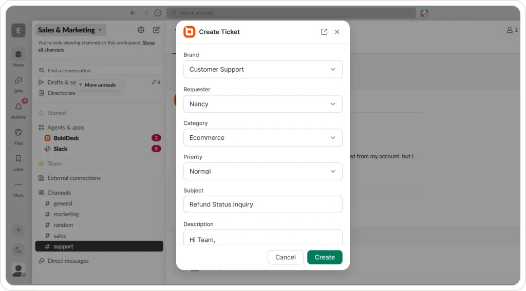 Slack workspace showing BoldDesk Create Ticket form with support fields, requester details, and create action panel window UI
