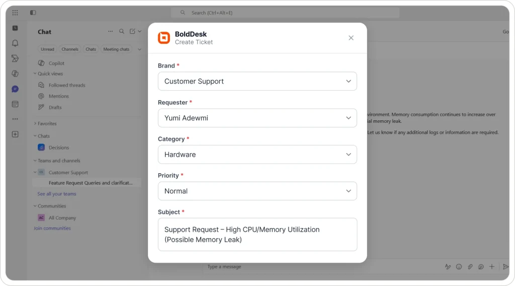 Microsoft Teams displaying BoldDesk Create Ticket form with requester, category, priority, and subject fields.