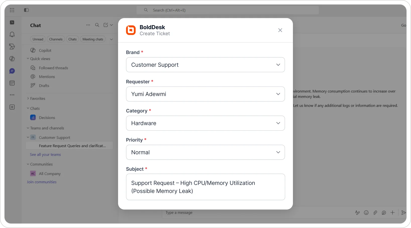 Microsoft Teams displaying BoldDesk Create Ticket form with requester, category, priority, and subject fields.