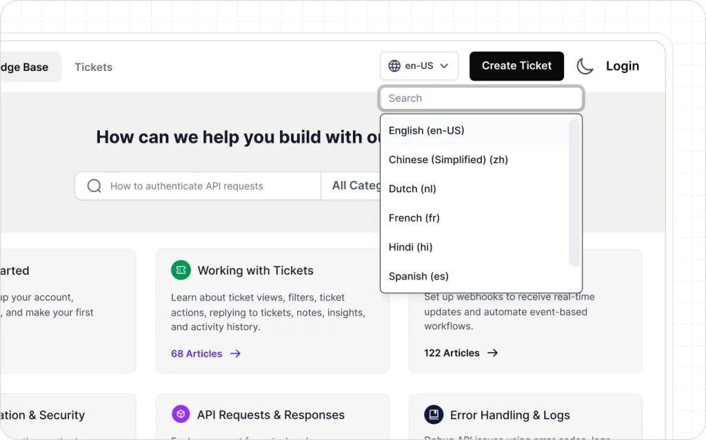 Multilingual knowledge base portal with language selection and searchable support articles