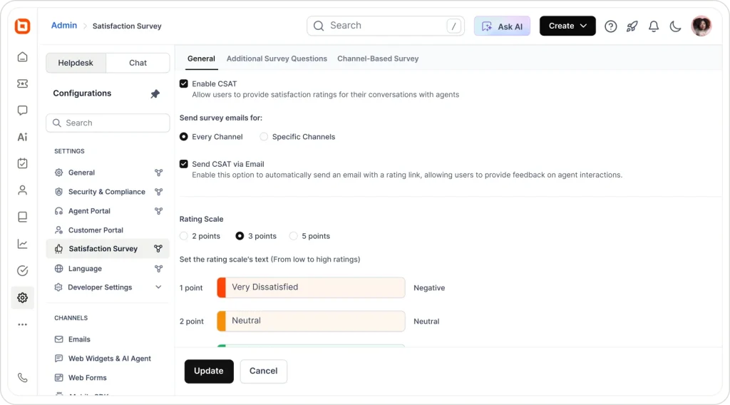 BoldDesk customer satisfaction survey dashboard for measuring CSAT, collecting customer feedback, tracking ratings, and improving support quality.
