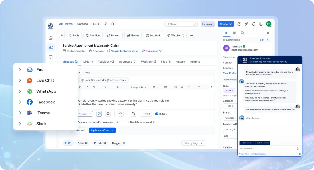 AI-First Customer Support Software with omnichannel ticketing, live chat, WhatsApp, Teams, and AI assistant support