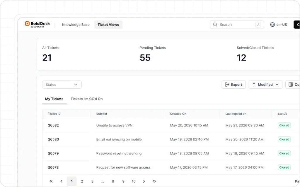 Customer support portal dashboard for viewing and tracking support tickets