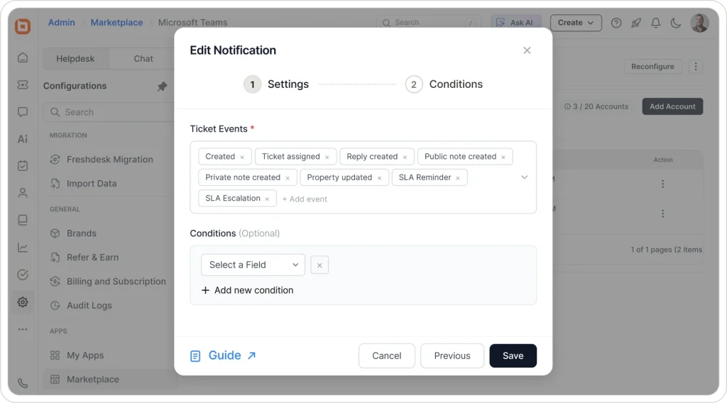 BoldDesk notification settings window in Microsoft Teams with ticket event selection, conditions, and save options.
