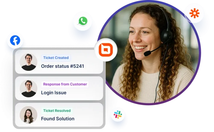 Smiling support woman with headset next to chat notifications and Facebook, WhatsApp, and Slack channel icons.