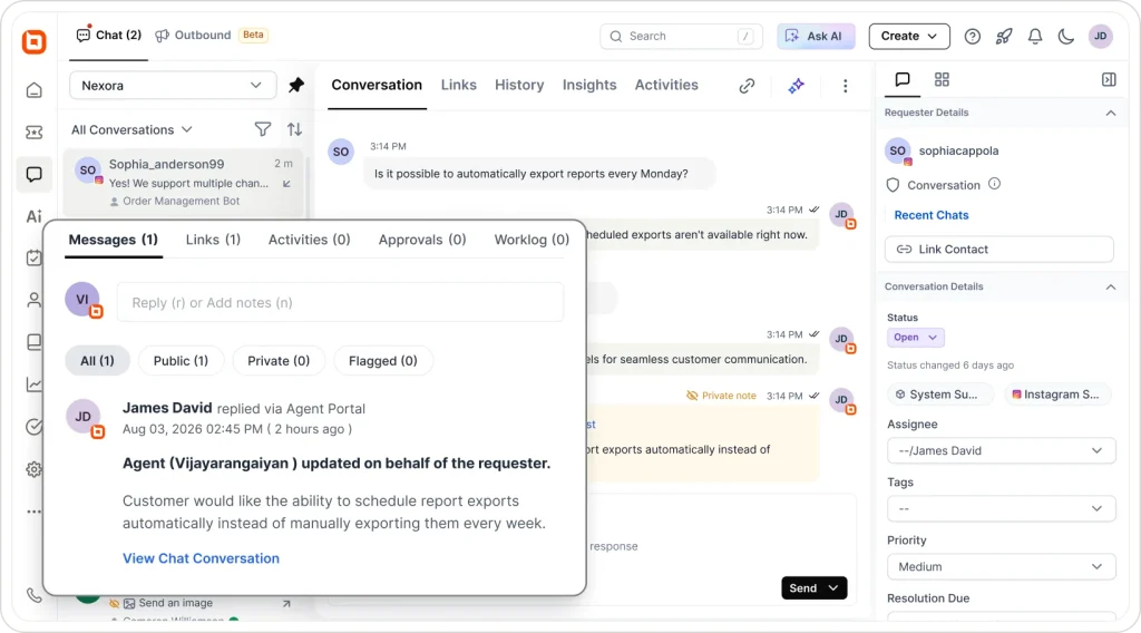 Instagram direct message dashboard for managing customer conversations and support requests.