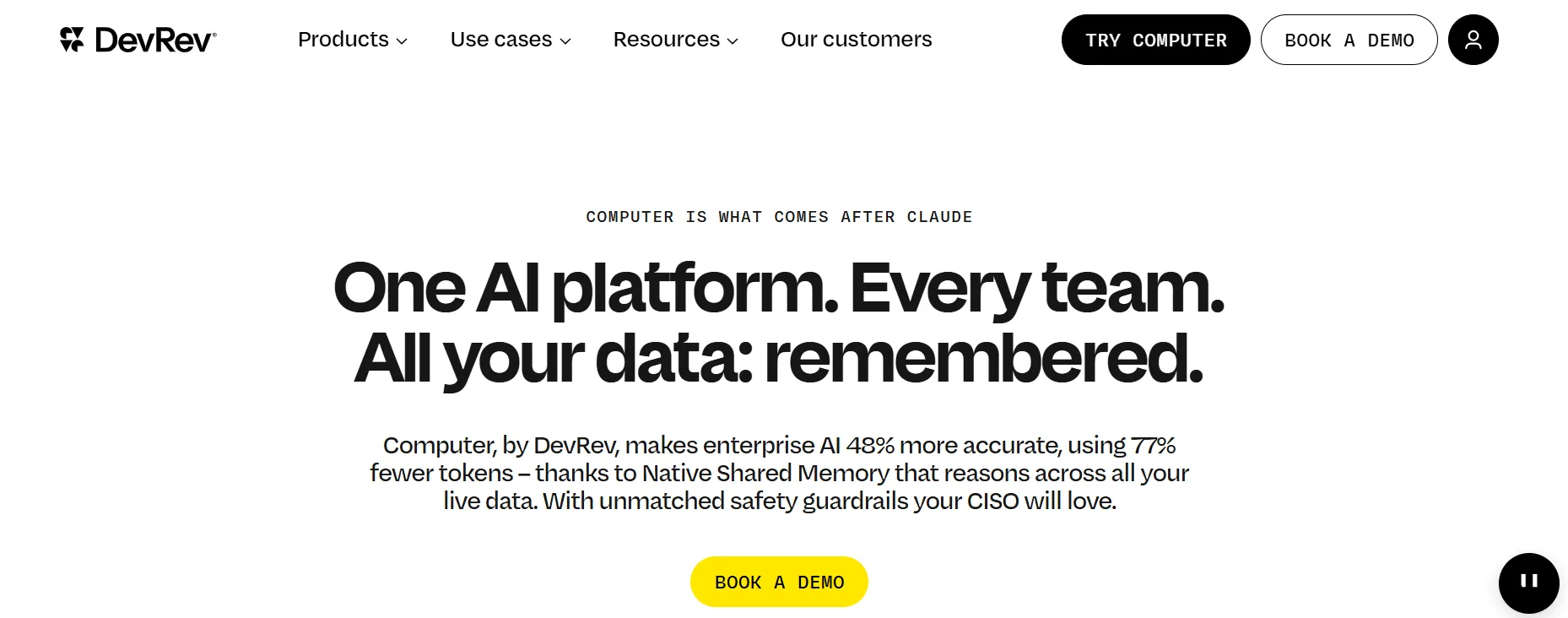 DevRev homepage promoting an AI platform with shared memory across teams, featuring Book a Demo and Try Computer buttons.