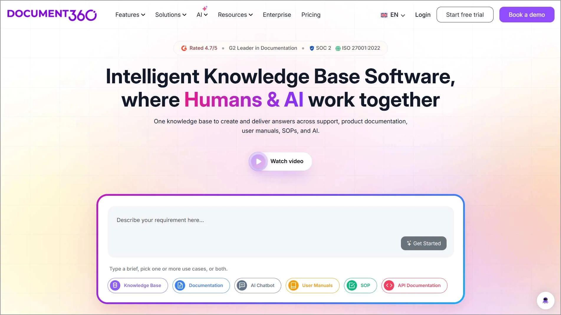 Document360 homepage showing “Knowledge Base Portal” tagline with demo option and document previews.