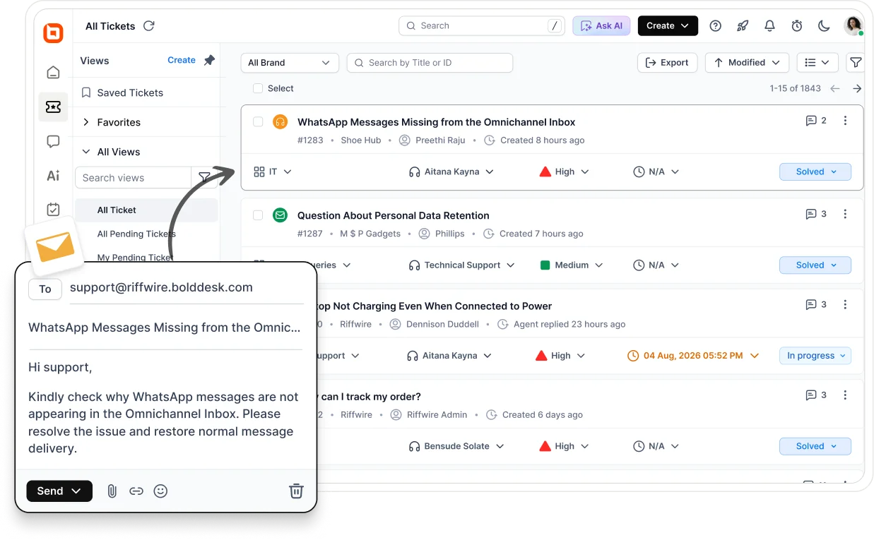 BoldDesk converts support emails into assigned tickets with status and priority