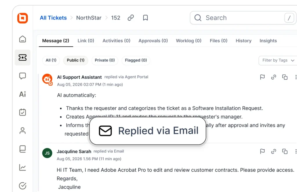Support ticket portal displays AI assistant processing email request for Adobe Acrobat access with approval flow shown UI