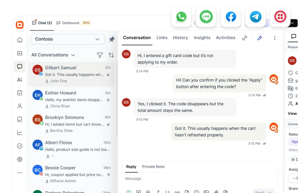 Omnichannel customer support dashboard in BoldDesk with messaging channels unified in a single inbox