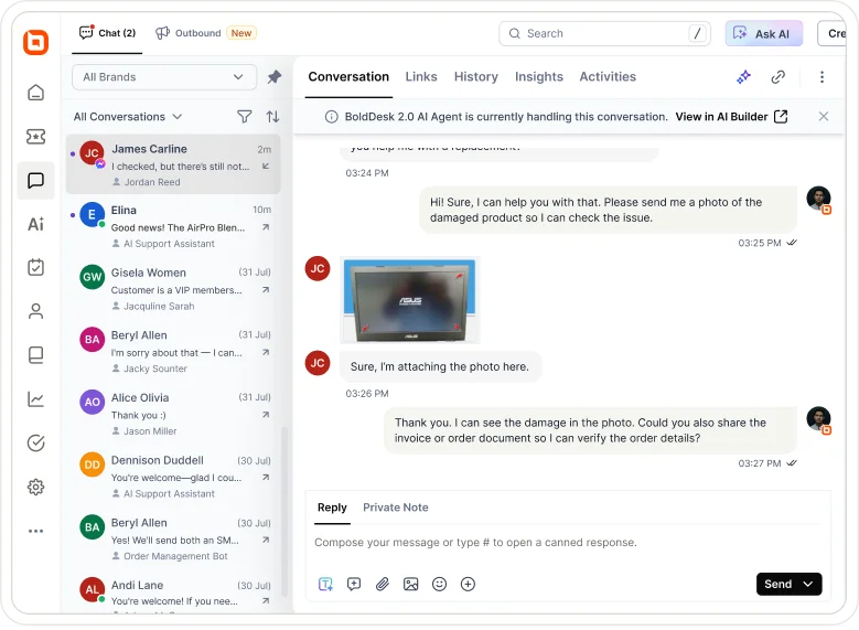 AI agent assists a customer who shared a damaged laptop photo, with ongoing support chats in the sidebar