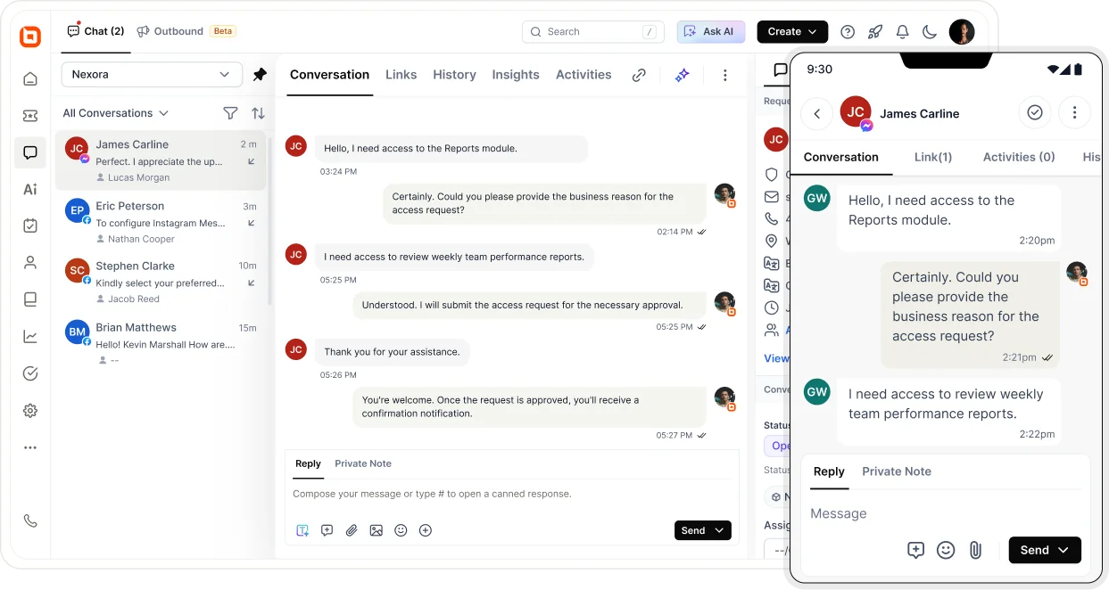 BoldDesk chat interface on desktop and mobile with a customer support conversation on access requests.