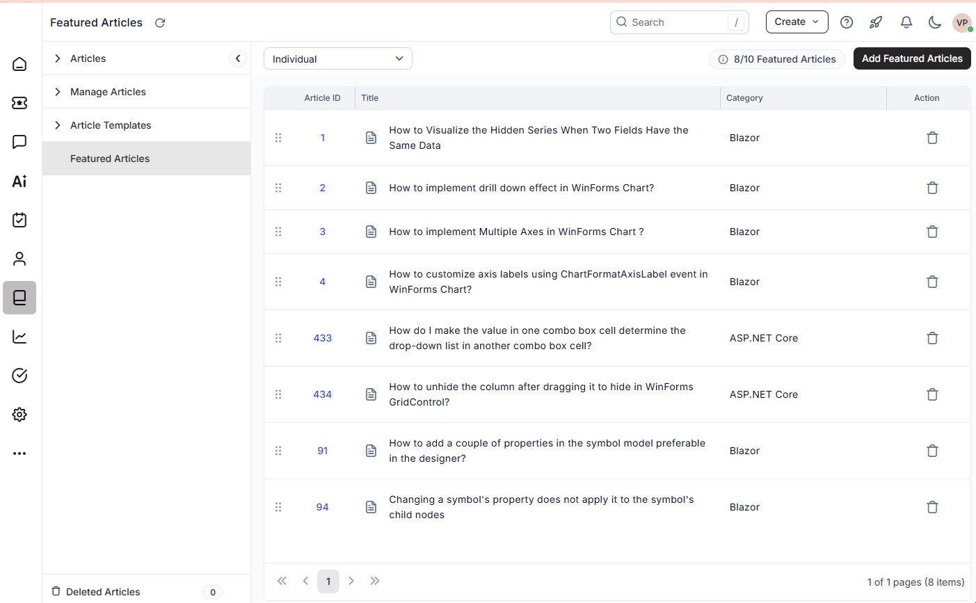 BoldDesk Featured Articles list displaying selected KB articles for homepage visibility and easy user access
