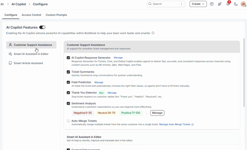 BoldDesk AI Copilot configuration panel displaying automation features like field prediction and sentiment analysis