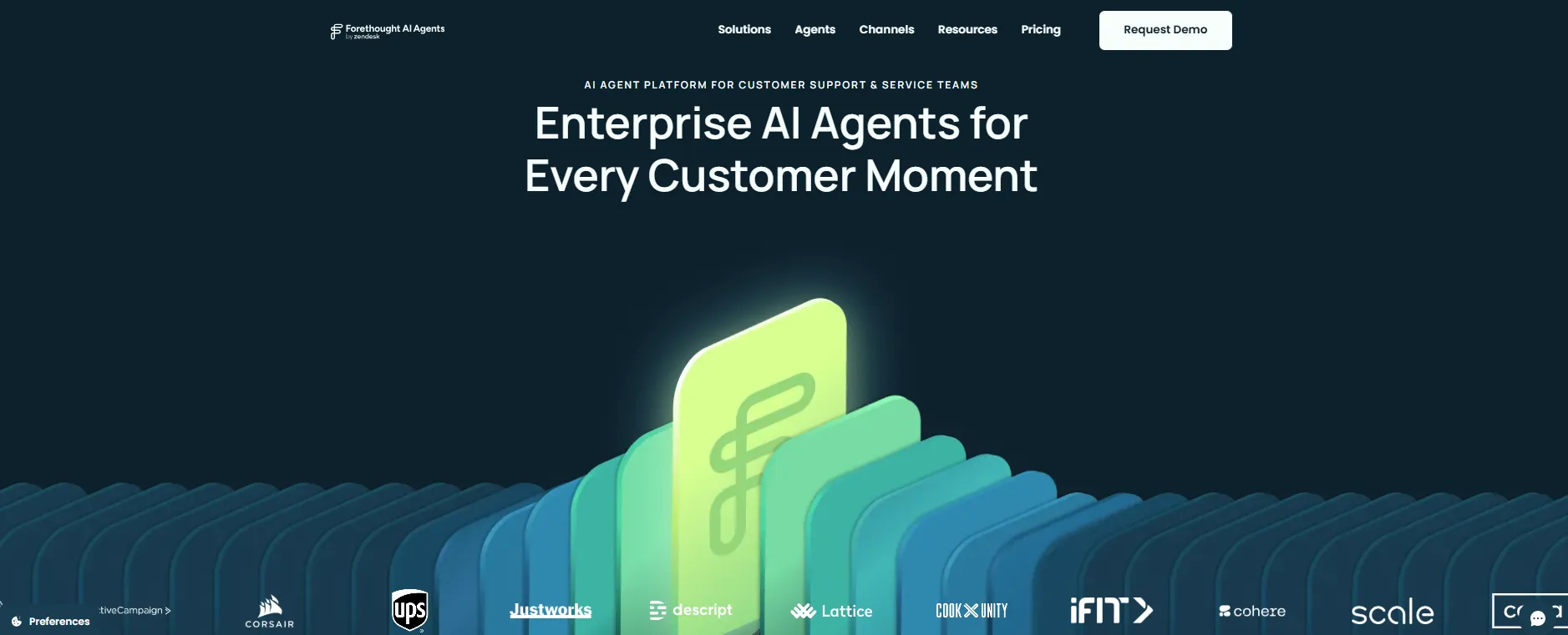 An infographic showing Forethought’s enterprise AI agent platform for customer support and service teams.