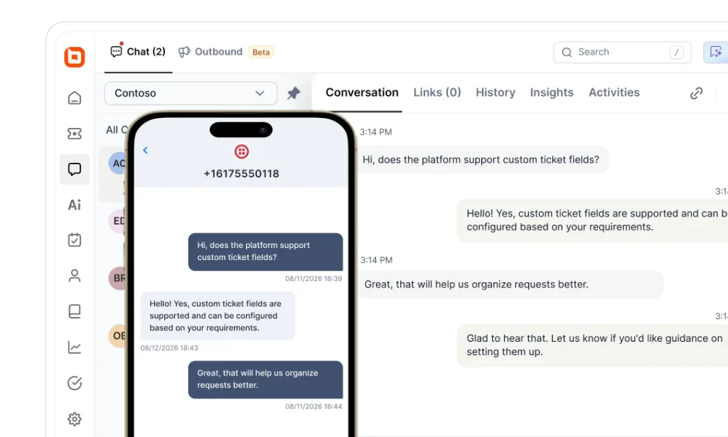 Complete customer conversation history combining SMS interactions and support activities in a centralized customer record.