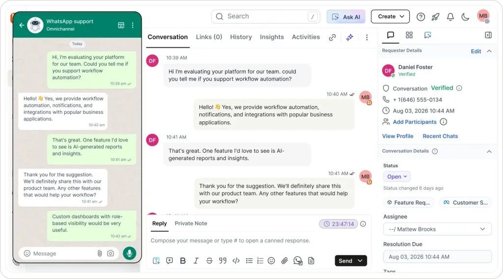 BoldDesk dashboard with WhatsApp