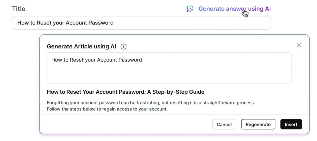 AI-powered knowledge base software generating support articles automatically from user prompts