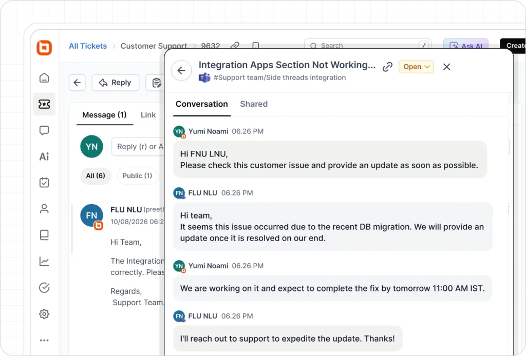 BoldDesk ticket conversation linked with Microsoft Teams side thread, showing replies, updates, and collaboration.