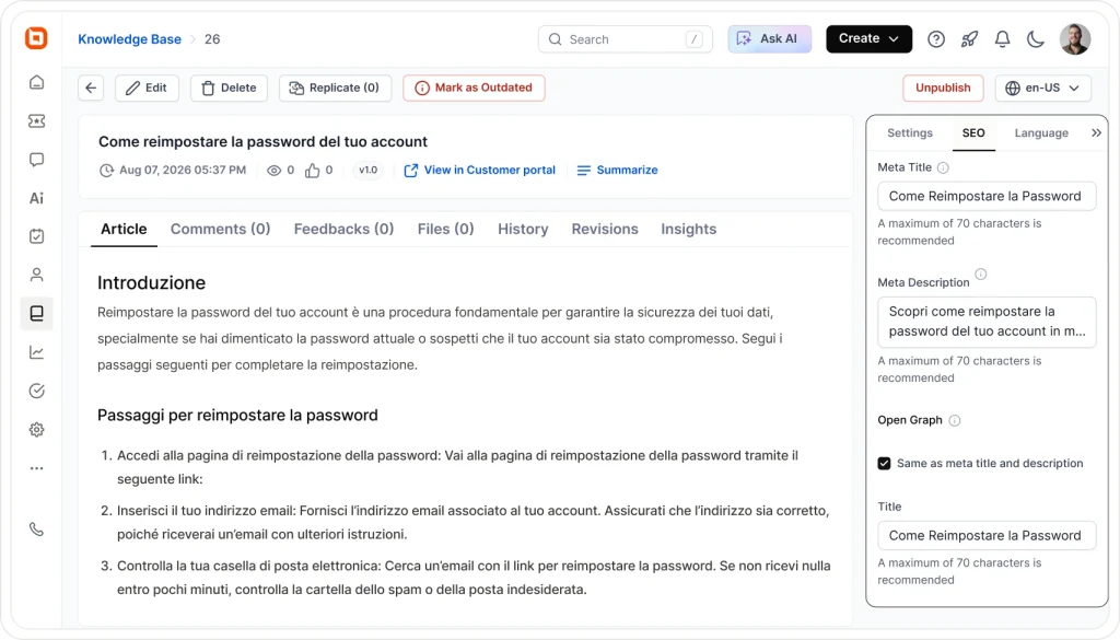 Knowledge base article editor with SEO settings panel for managing metadata, descriptions, and search visibility.