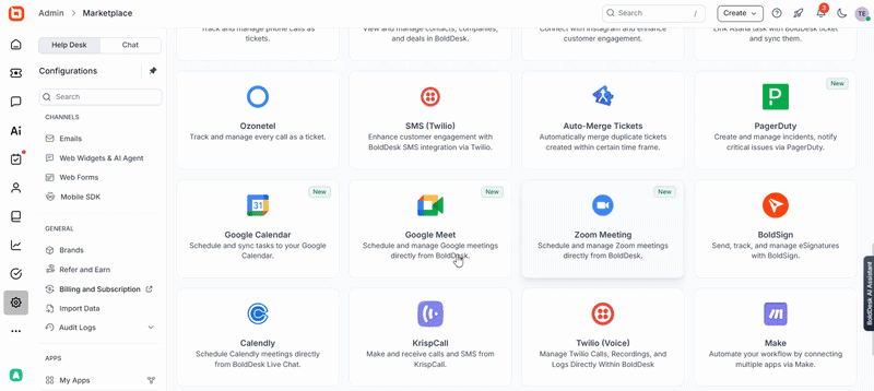 Google Meet integration for scheduling and joining meetings directly from the platform