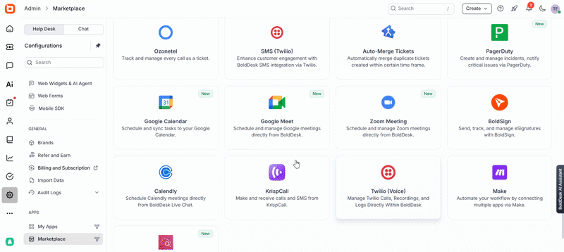 BoldDesk UI displaying available integrations including Google Calendar, among others