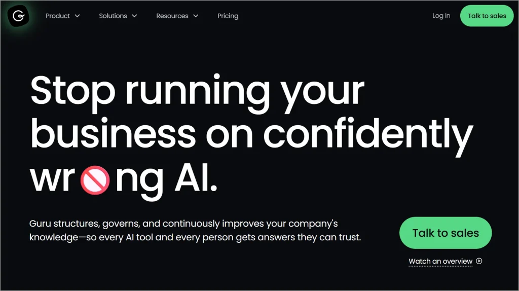 Guru AI knowledge base providing a single source of truth with AI‑powered answers for teams and customer support
