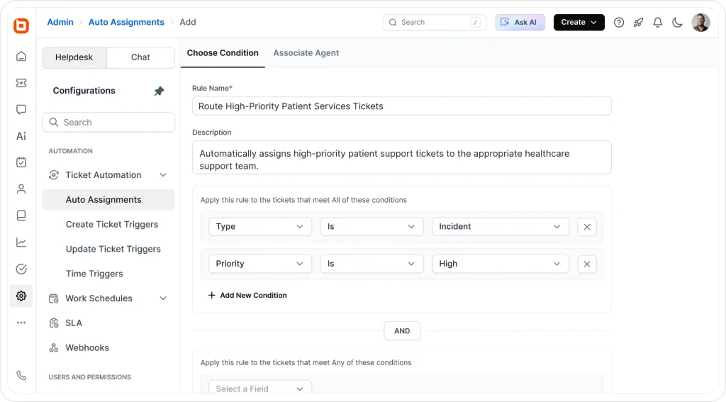 Creating ticket automation and auto-assignment rules in BoldDesk help desk software for high-priority incidents.