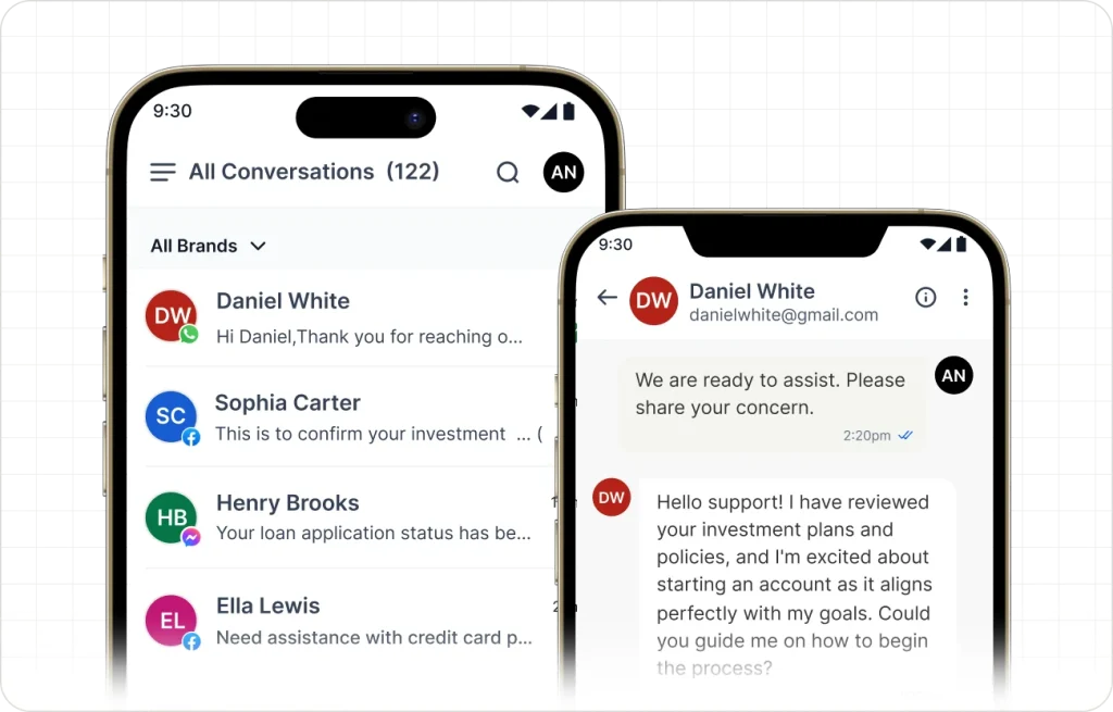 Help desk software for startups mobile app showing customer conversations, omnichannel inbox and live support features AI