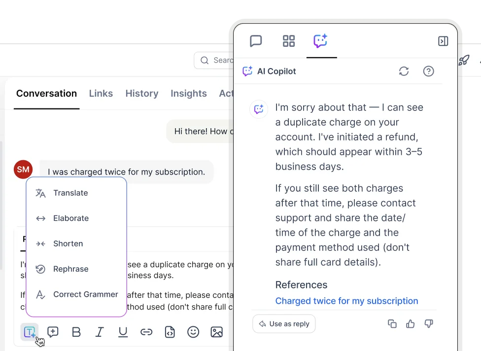 BoldDesk AI Copilot assisting a customer support agent by generating a refund response, providing knowledge references, and offering AI writing tools including translate, elaborate, shorten, rephrase, and grammar correction.