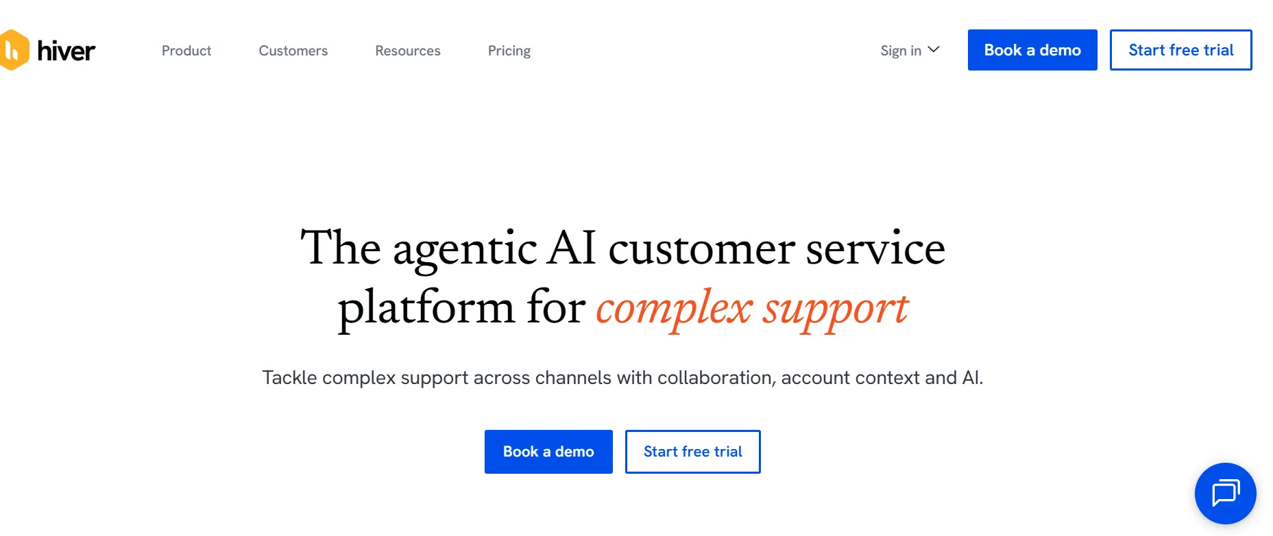 Hiver homepage promoting an agentic AI customer service platform, with demo and free trial call-to-action buttons.