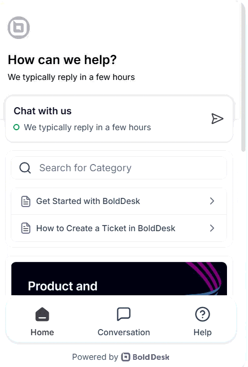 Chat widget home screen displaying featured articles, search, and chat access to guide users before starting a conversation