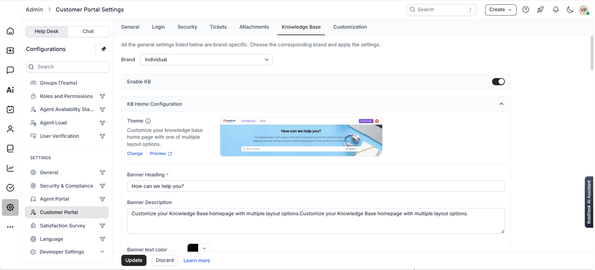 BoldDesk admin panel displaying knowledge base homepage customization settings with theme, banner, and branding options