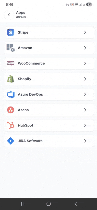 BoldDesk mobile app displaying integrations list with HubSpot, Asana, Stripe, and other connected tools