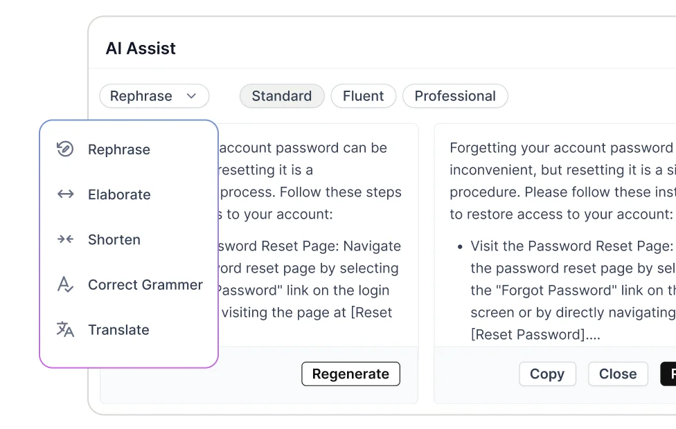 AI writing assistant improving knowledge base content through rephrasing, grammar correction, and translation