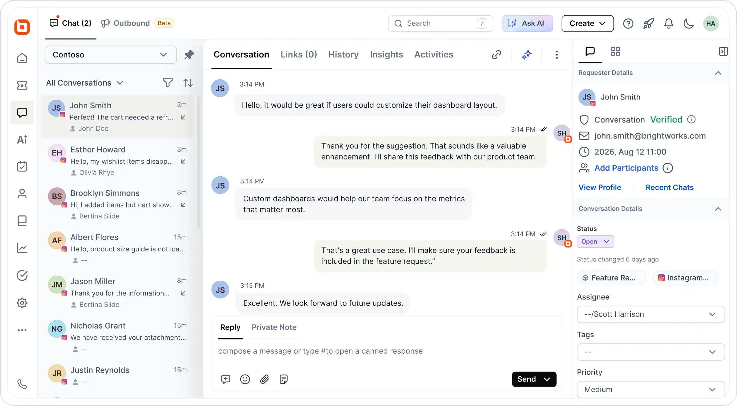 Customer support chat dashboard with conversation thread and ticket management panel