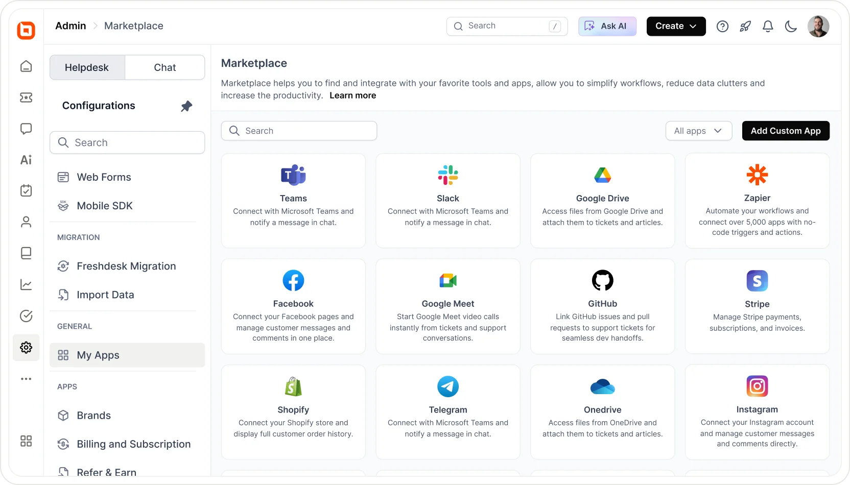 Admin Marketplace interface showcasing a grid of app integrations for Microsoft Teams, Slack, Google Drive, and Shopify.