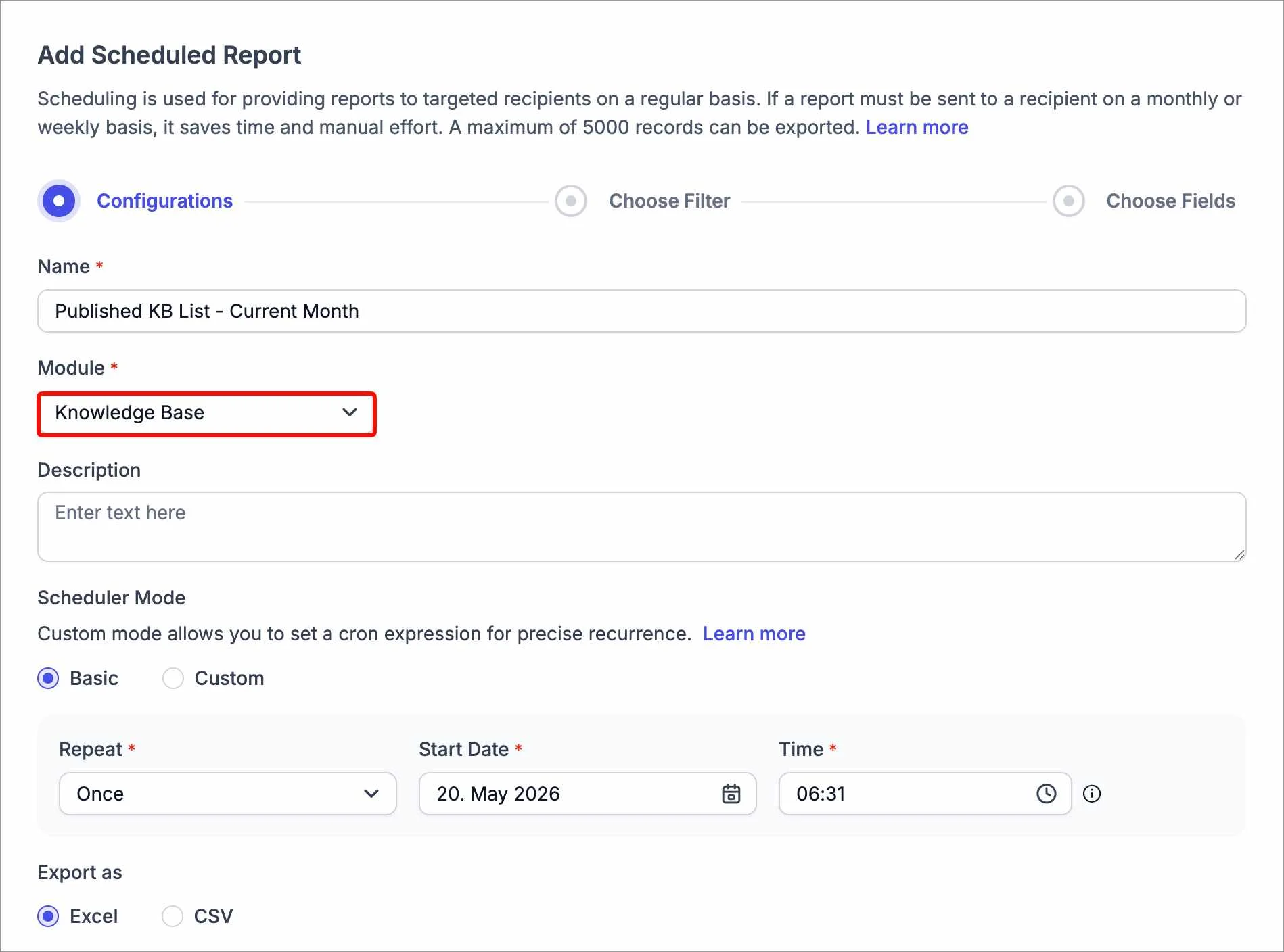 Scheduled report setup showing Knowledge Base module selection and scheduling options in BoldDesk reporting interface