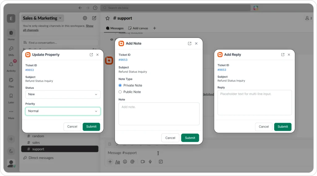 Slack support channel with BoldDesk ticket actions showing update property, add note, and reply forms open.