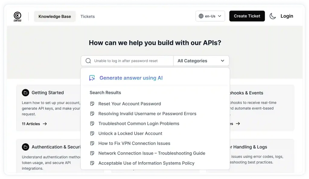 BoldDesk AI-powered knowledge base search interface providing instant answers and self-service documentation for API queries