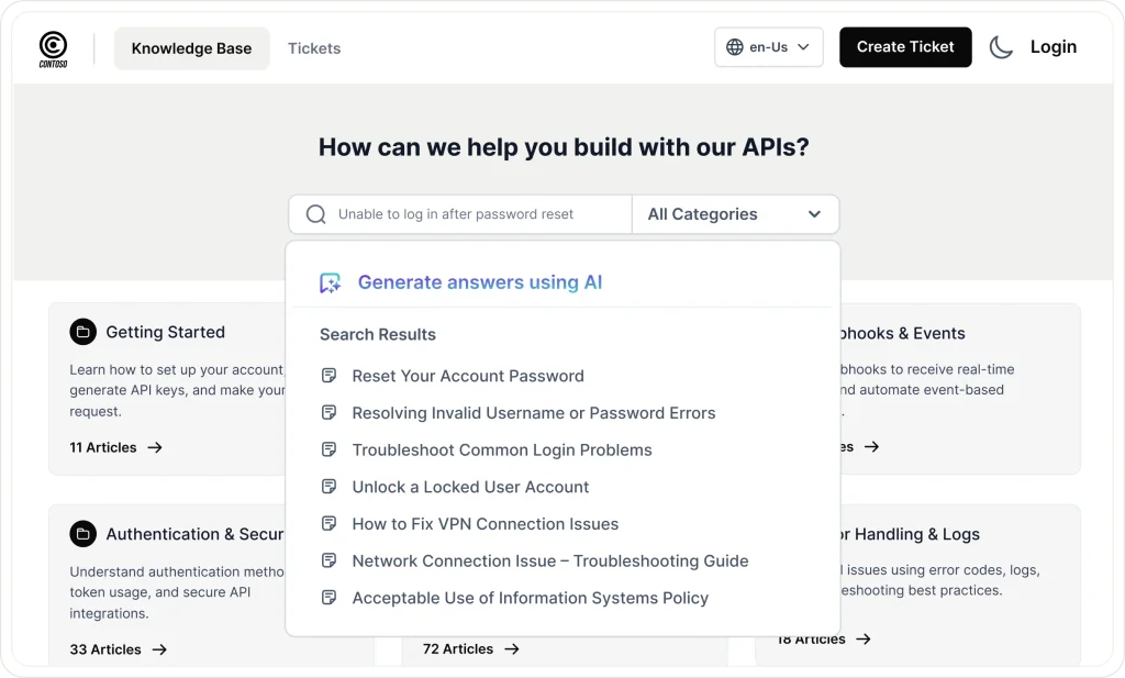 BoldDesk Knowledge Base Software interface displaying AI-powered ticket suggestions and self-service support portal