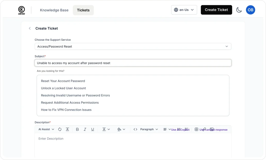 BoldDesk Knowledge Base Software dashboard showing ticket creation form with intelligent knowledge base recommendations