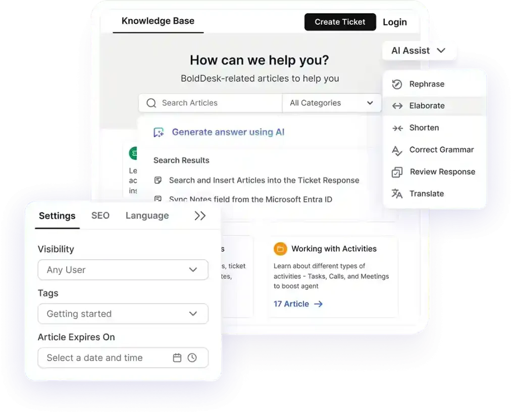 AI-powered knowledge base interface with article search, answer generation, and ticket response assistance