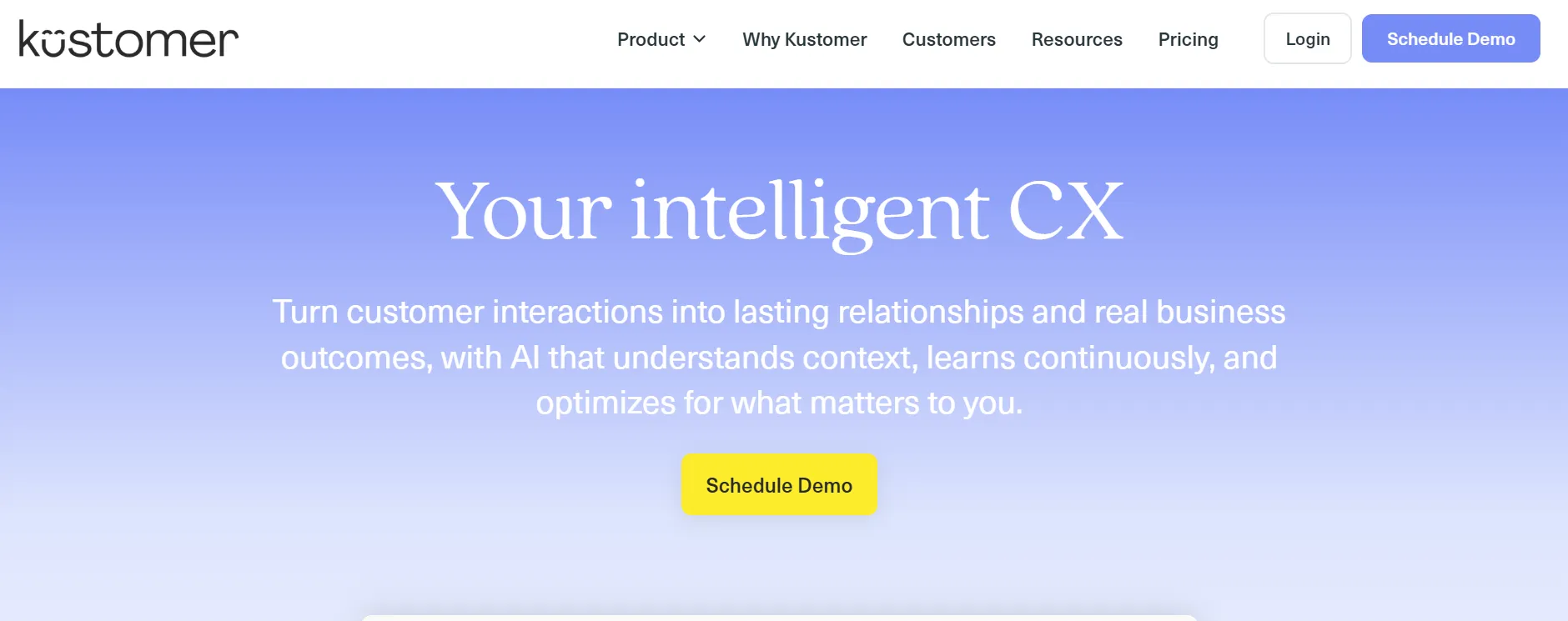 Kustomer homepage promoting intelligent AI-powered customer experience solutions with a prominent Schedule Demo button.