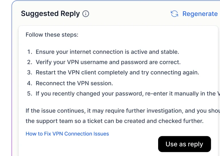 AI Copilot generating support responses from knowledge base content to help agents resolve tickets faster