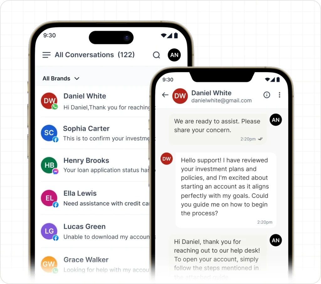 Mobile omnichannel inbox displaying customer conversations and live chat support across messaging platforms