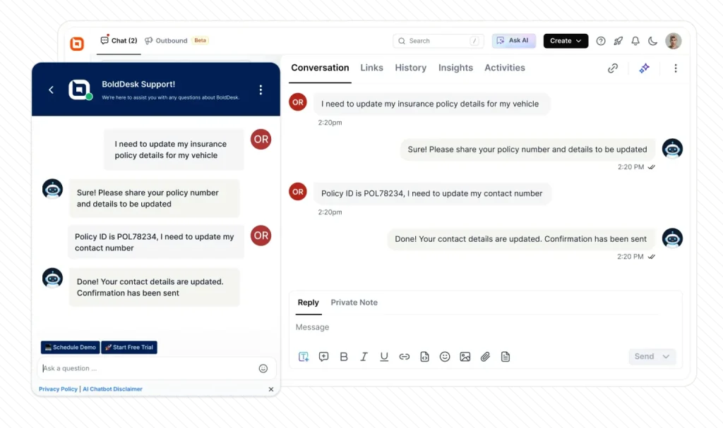 Customer support chat interface showing conversation history, automated responses and ticket updates in dashboard viewUI